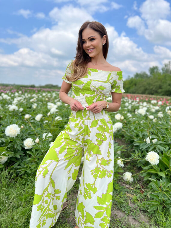 "Twig" long pants and top set - off white/patterned (green)