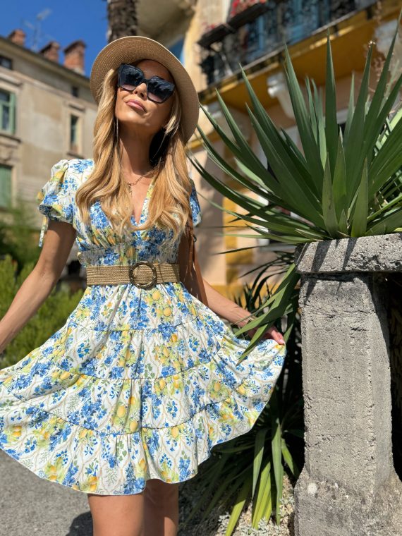 "Jardin de Citron" dress - "Yellow Lemon&Cobalt Blue"