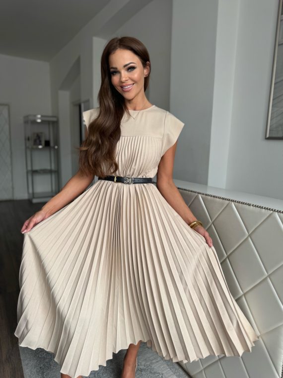 "Plissé Charm" pliszírozott midi ruha - "Almond Buff"
